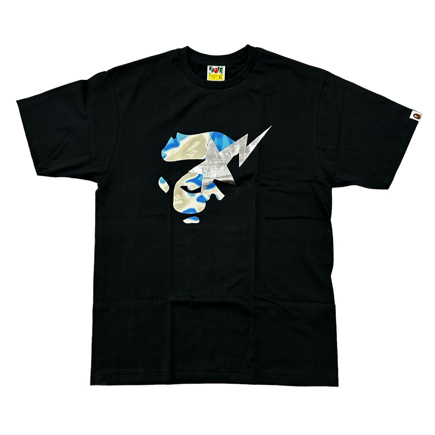 BAPE BLUE LIQUID CAMO APE FACE STA BLACK TEE